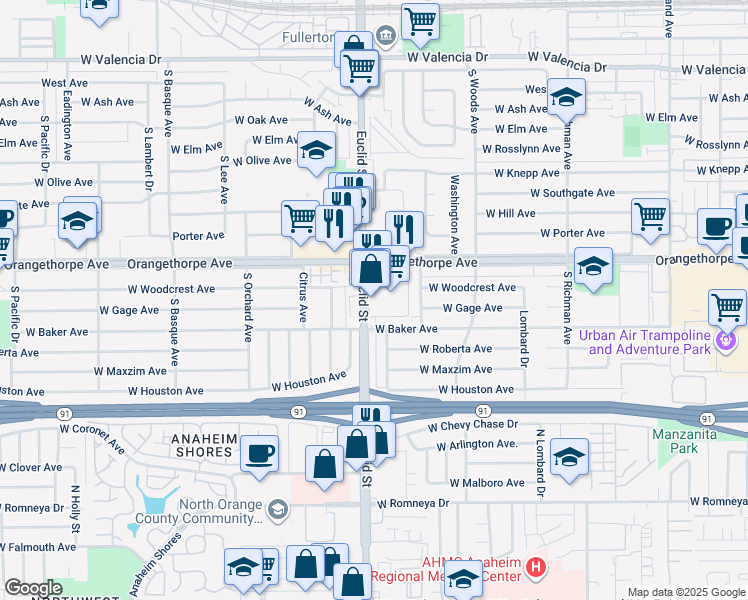 map of restaurants, bars, coffee shops, grocery stores, and more near 1331 South Euclid Street in Fullerton