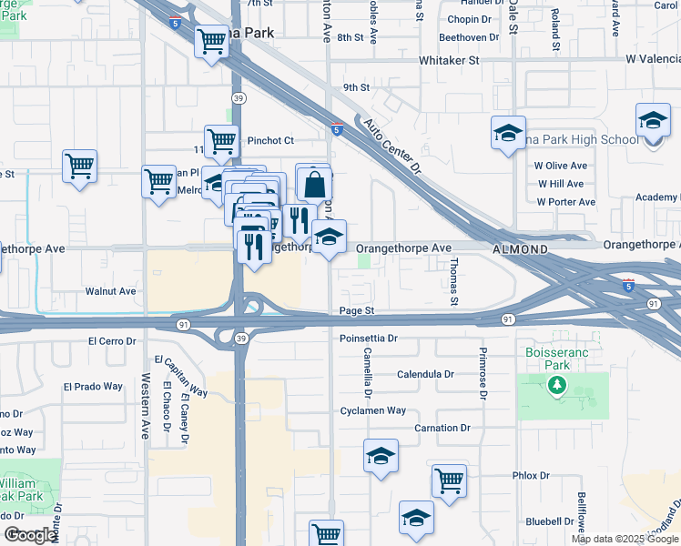map of restaurants, bars, coffee shops, grocery stores, and more near 8010 Ackerman Street in Buena Park
