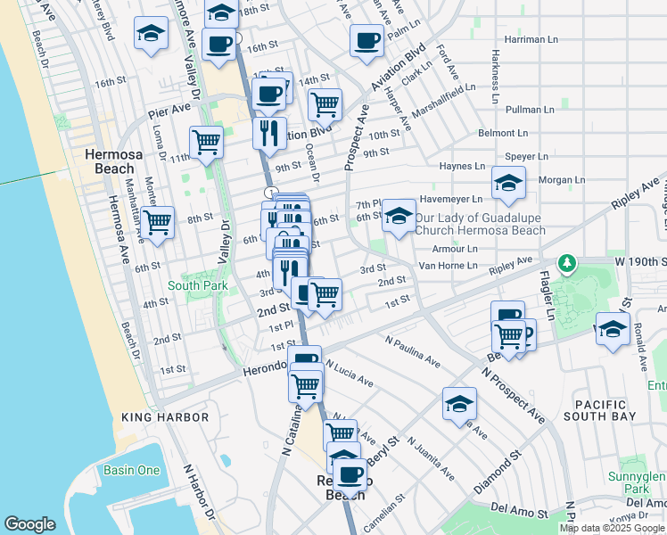 map of restaurants, bars, coffee shops, grocery stores, and more near 311 Hopkins Avenue in Hermosa Beach