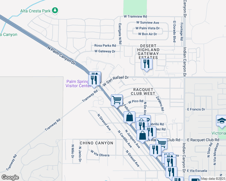map of restaurants, bars, coffee shops, grocery stores, and more near 2875 North Los Felices Road in Palm Springs