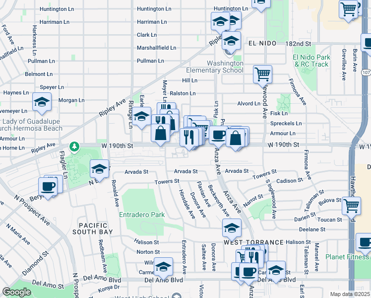 map of restaurants, bars, coffee shops, grocery stores, and more near 5202 West 190th Street in Torrance