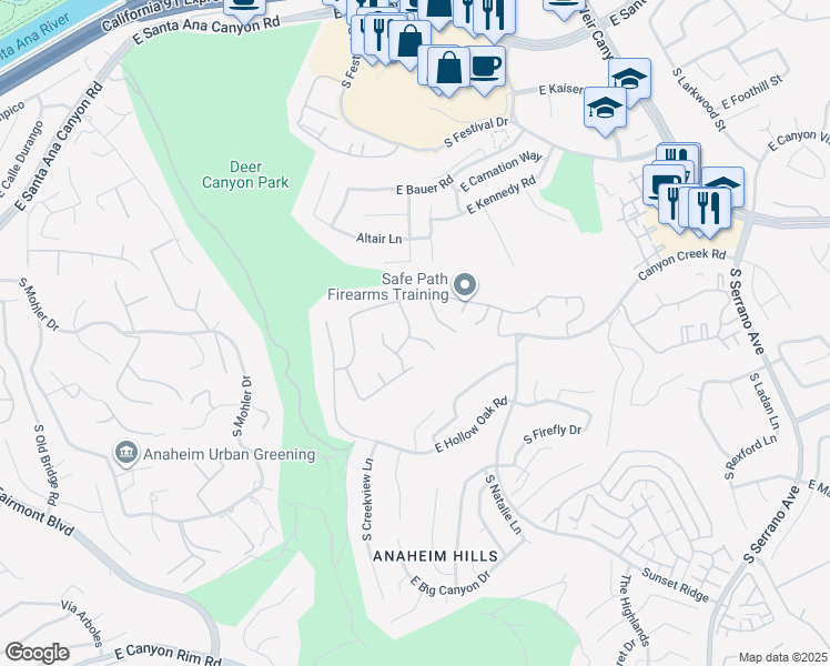 map of restaurants, bars, coffee shops, grocery stores, and more near 7609 East Lockmont Circle in Anaheim