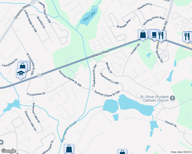 map of restaurants, bars, coffee shops, grocery stores, and more near 2896 Creekwood Drive Southwest in Snellville