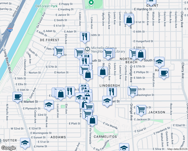 map of restaurants, bars, coffee shops, grocery stores, and more near 702 East 56th Street in Long Beach