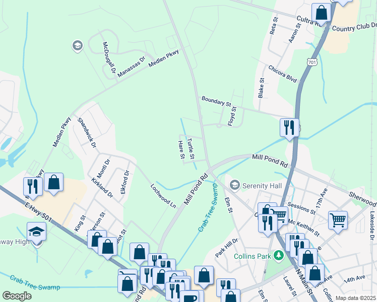 map of restaurants, bars, coffee shops, grocery stores, and more near 2215 Turtle St in Conway