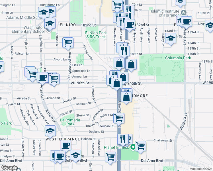 map of restaurants, bars, coffee shops, grocery stores, and more near 4601 191st Street in Torrance