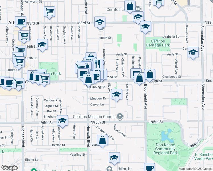 map of restaurants, bars, coffee shops, grocery stores, and more near 12321 Hibbing Street in Artesia