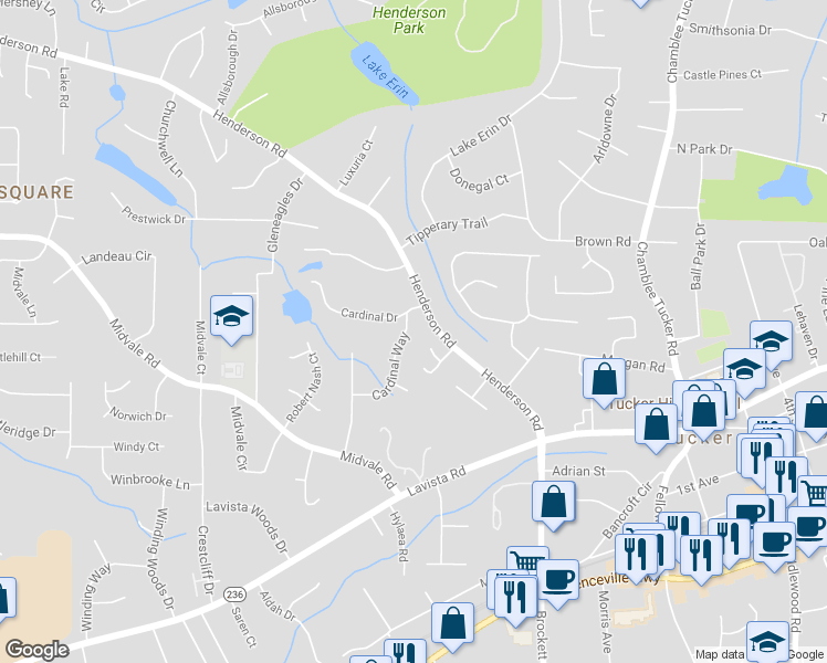 map of restaurants, bars, coffee shops, grocery stores, and more near 2469 Cardinal Way in Tucker