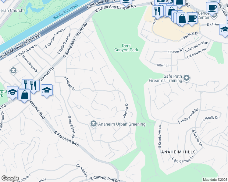 map of restaurants, bars, coffee shops, grocery stores, and more near 312 South Penny Lane in Anaheim