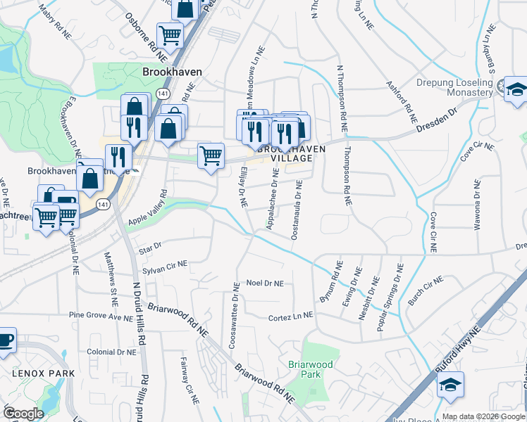 map of restaurants, bars, coffee shops, grocery stores, and more near 1401 Etowah Drive Northeast in Atlanta