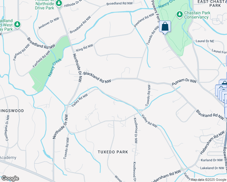 map of restaurants, bars, coffee shops, grocery stores, and more near 345 Valley Road Northwest in Atlanta