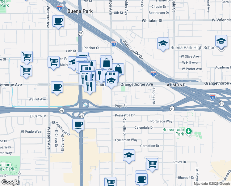map of restaurants, bars, coffee shops, grocery stores, and more near 8010 Ackerman Street in Buena Park