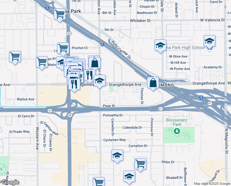map of restaurants, bars, coffee shops, grocery stores, and more near 8118 Orangethorpe Avenue in Buena Park