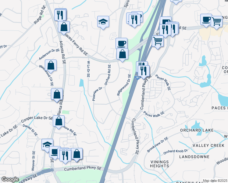 map of restaurants, bars, coffee shops, grocery stores, and more near 3916 Ridgewood Dr SE in Smyrna