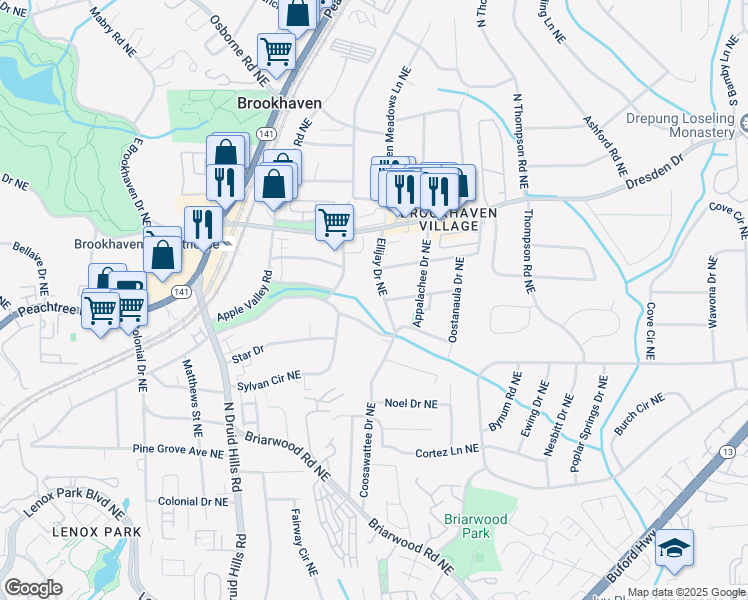 map of restaurants, bars, coffee shops, grocery stores, and more near 2472 Ellijay Drive Northeast in Atlanta