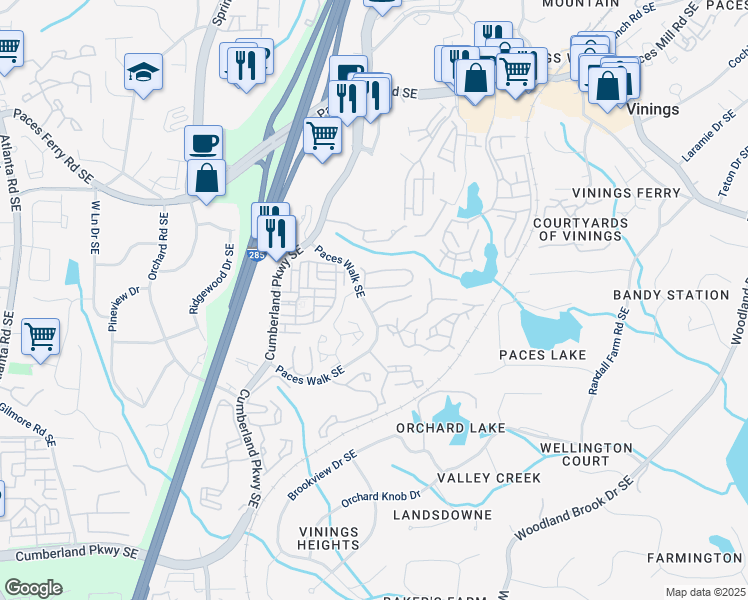 map of restaurants, bars, coffee shops, grocery stores, and more near 3900 Paces Walk Southeast in Atlanta