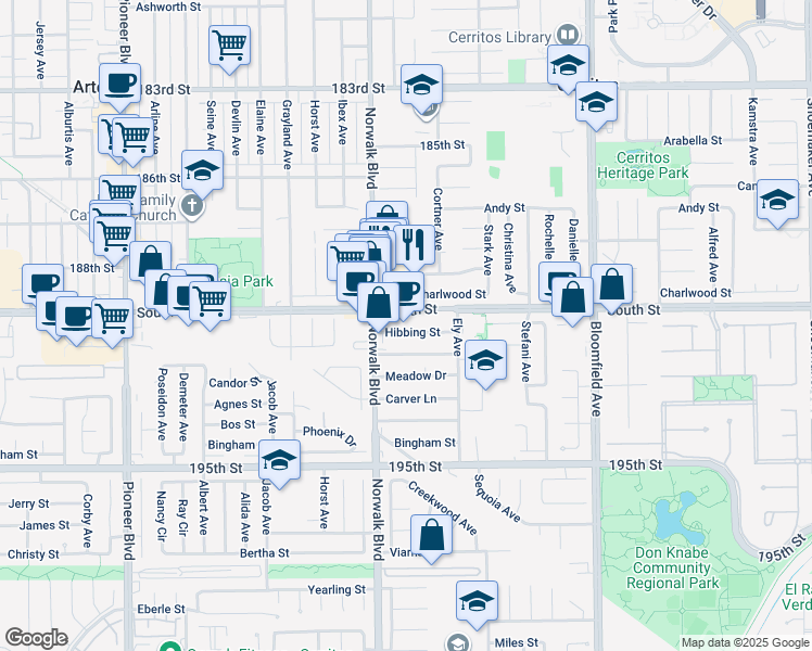 map of restaurants, bars, coffee shops, grocery stores, and more near 12238 South Street in Artesia