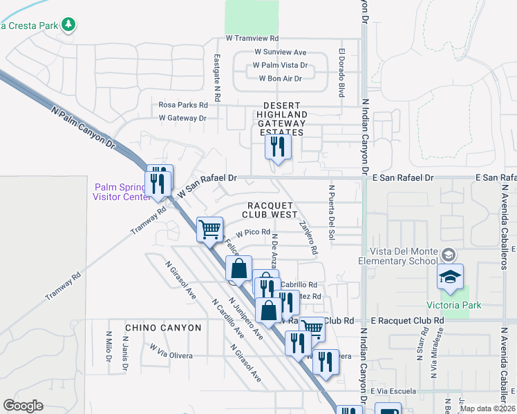 map of restaurants, bars, coffee shops, grocery stores, and more near 421 West Santa Catalina Road in Palm Springs