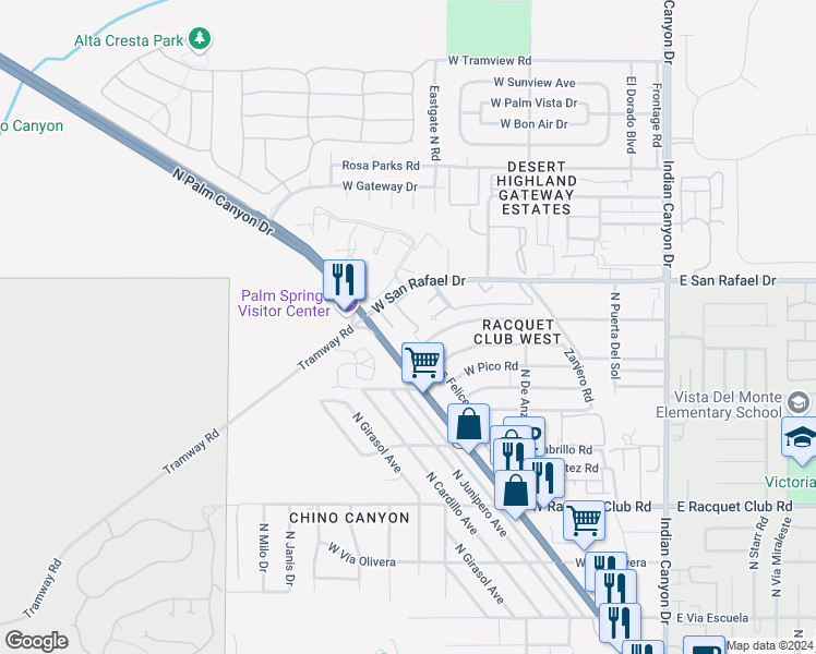 map of restaurants, bars, coffee shops, grocery stores, and more near 2875 North Los Felices Road in Palm Springs