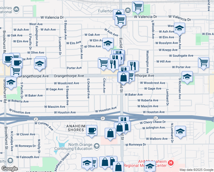 map of restaurants, bars, coffee shops, grocery stores, and more near 1319 South Orange Avenue in Fullerton