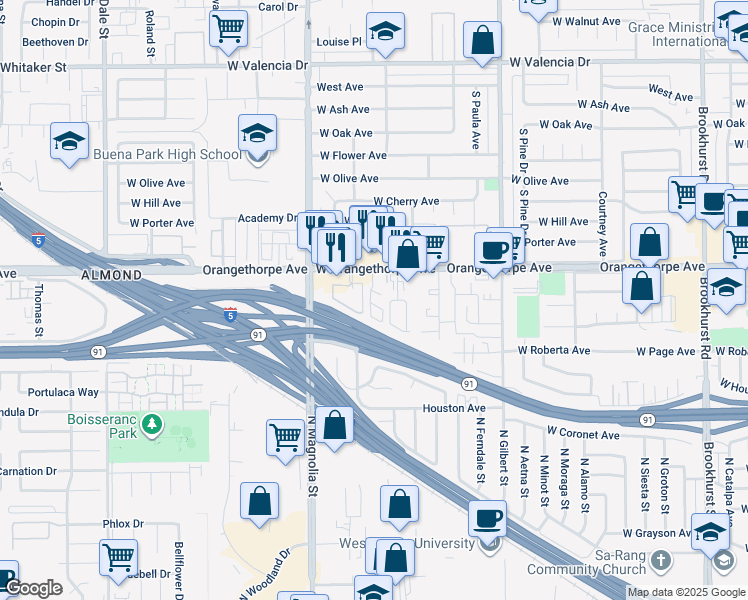 map of restaurants, bars, coffee shops, grocery stores, and more near 2616 West Orangethorpe Avenue in Fullerton