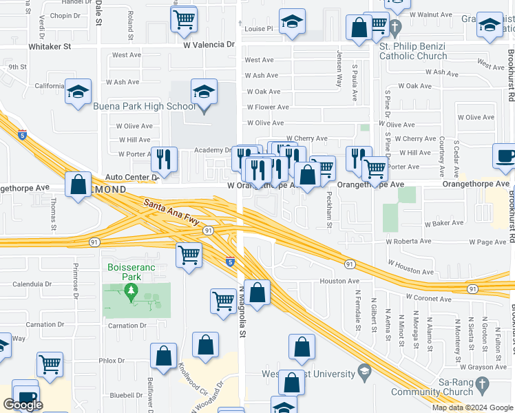 map of restaurants, bars, coffee shops, grocery stores, and more near 2736 West Orangethorpe Avenue in Fullerton