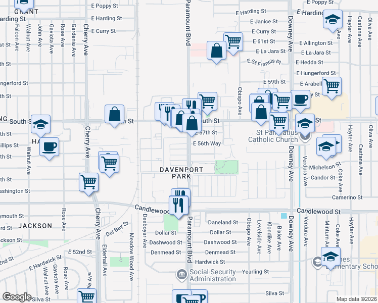 map of restaurants, bars, coffee shops, grocery stores, and more near 5600 Paramount Boulevard in Long Beach