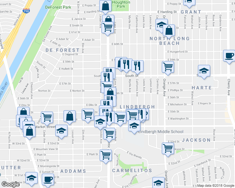 map of restaurants, bars, coffee shops, grocery stores, and more near 702 East 56th Street in Long Beach