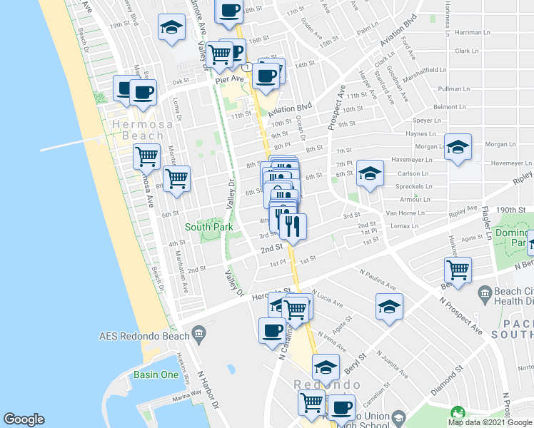 map of restaurants, bars, coffee shops, grocery stores, and more near 707 4th Street in Hermosa Beach