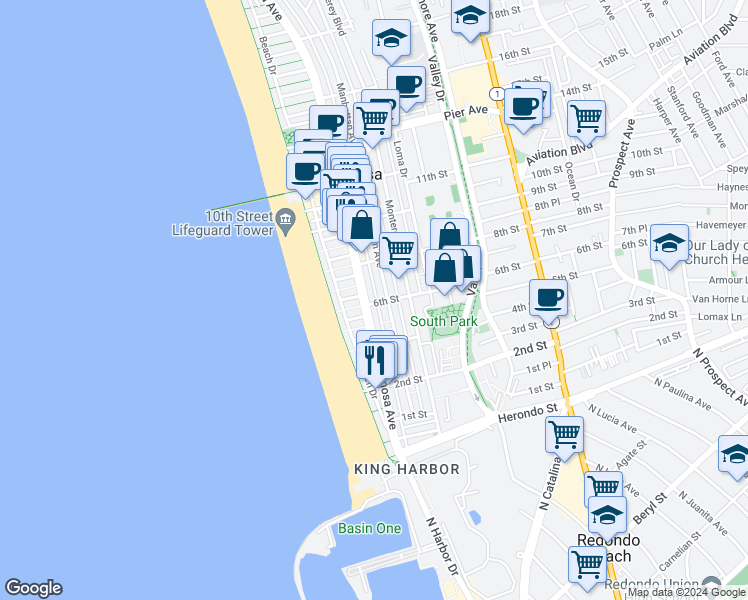 map of restaurants, bars, coffee shops, grocery stores, and more near 601 Manhattan Avenue in Hermosa Beach