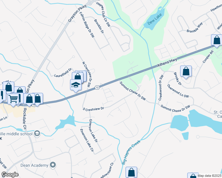 map of restaurants, bars, coffee shops, grocery stores, and more near 2706 Park Land Lane in Snellville