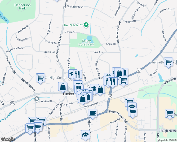 map of restaurants, bars, coffee shops, grocery stores, and more near 2446 Lehaven Drive in Tucker