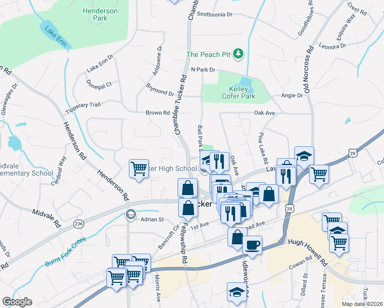 map of restaurants, bars, coffee shops, grocery stores, and more near 2472 Ball Park Drive in Tucker