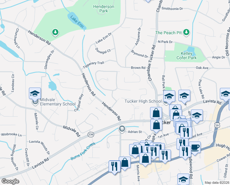 map of restaurants, bars, coffee shops, grocery stores, and more near 4049 Northlake Creek Cove in Tucker