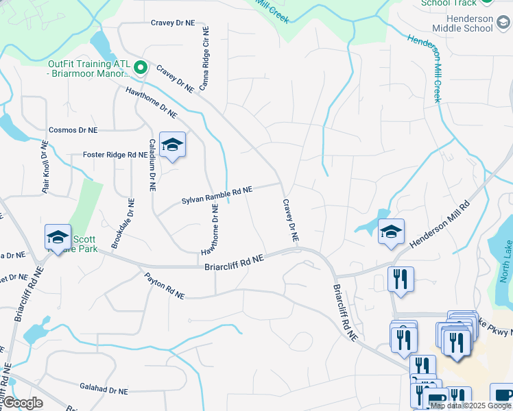 map of restaurants, bars, coffee shops, grocery stores, and more near 2463 Briarmoor Road Northeast in Atlanta