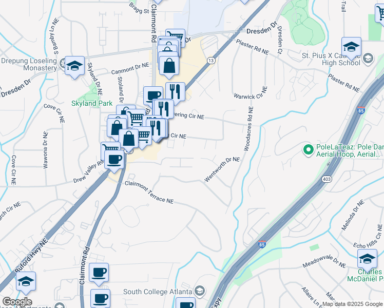 map of restaurants, bars, coffee shops, grocery stores, and more near 2016 Variations Drive Northeast in Atlanta