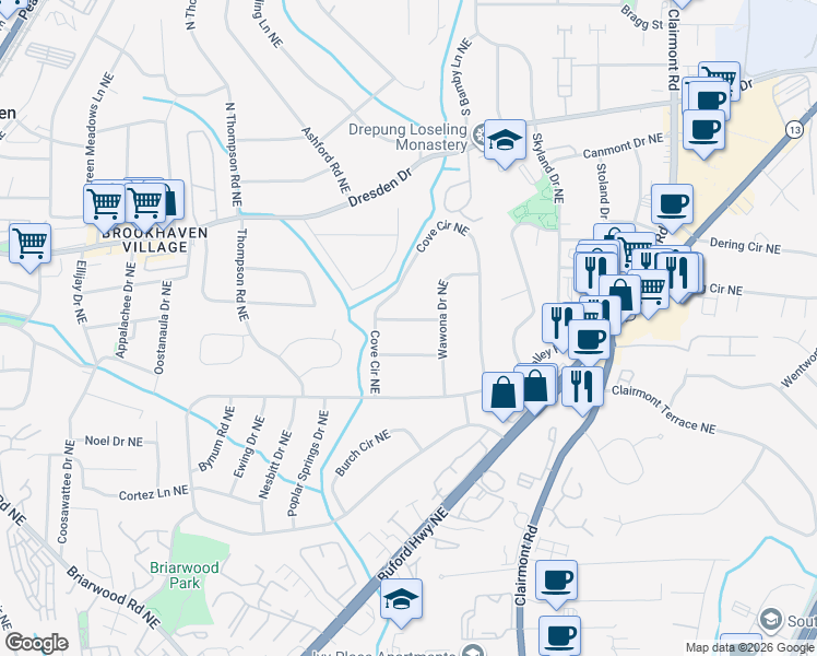 map of restaurants, bars, coffee shops, grocery stores, and more near 1697 Cotswold Drive Northeast in Atlanta