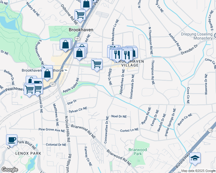 map of restaurants, bars, coffee shops, grocery stores, and more near 2472 Ellijay Drive Northeast in Atlanta