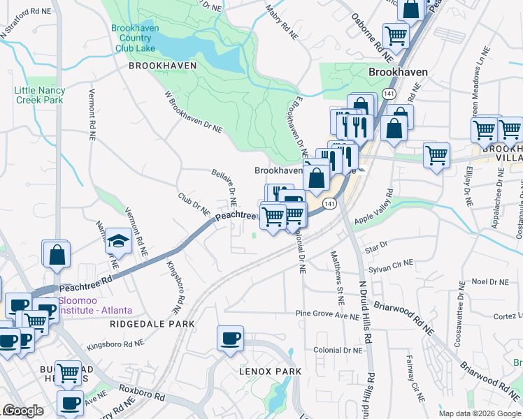 map of restaurants, bars, coffee shops, grocery stores, and more near 42 Brookhaven Drive Northeast in Brookhaven