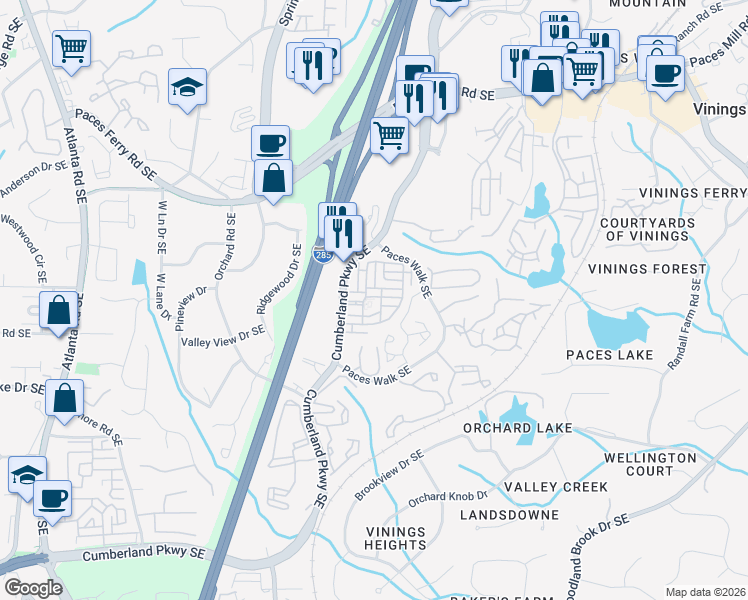 map of restaurants, bars, coffee shops, grocery stores, and more near 3926 Allegretto Circle in Atlanta
