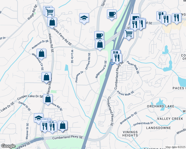 map of restaurants, bars, coffee shops, grocery stores, and more near 3916 Ridgewood Drive Southeast in Smyrna