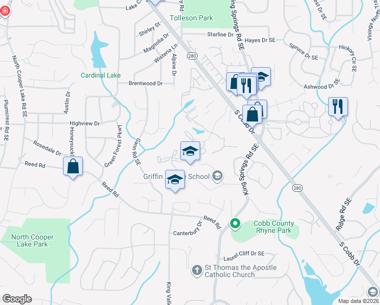map of restaurants, bars, coffee shops, grocery stores, and more near 203 Bridge Lane in Smyrna