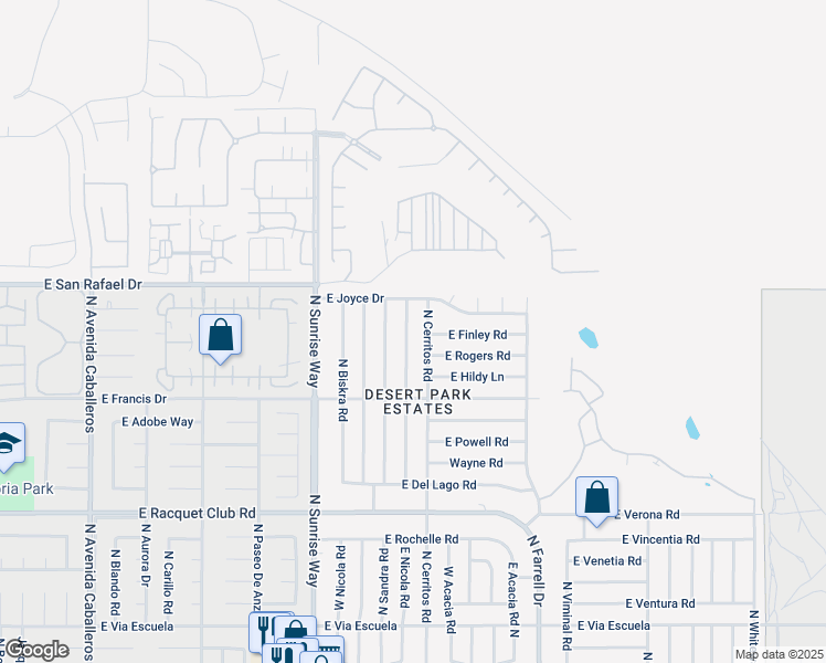 map of restaurants, bars, coffee shops, grocery stores, and more near 3012 North Cypress Road in Palm Springs