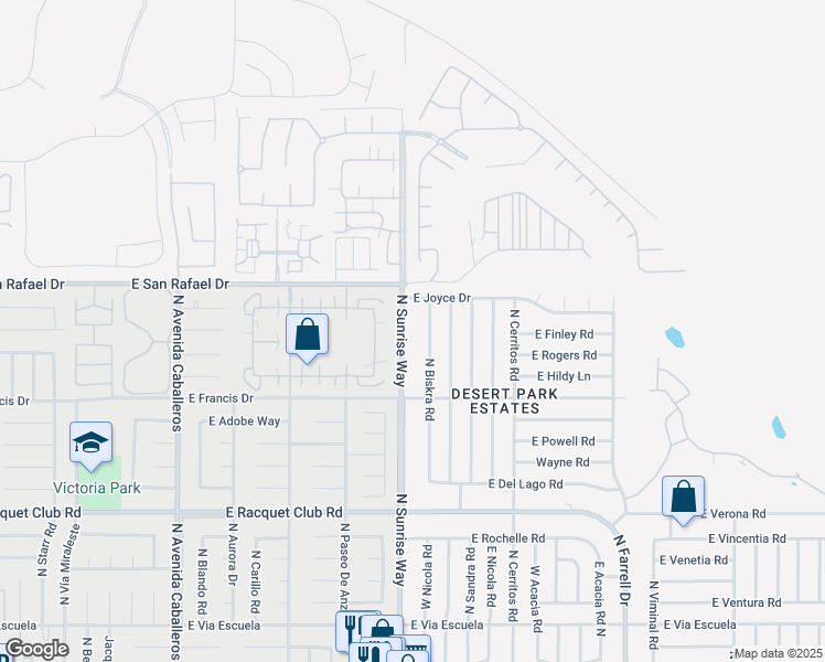map of restaurants, bars, coffee shops, grocery stores, and more near 3050 N Sunrise Way in Palm Springs