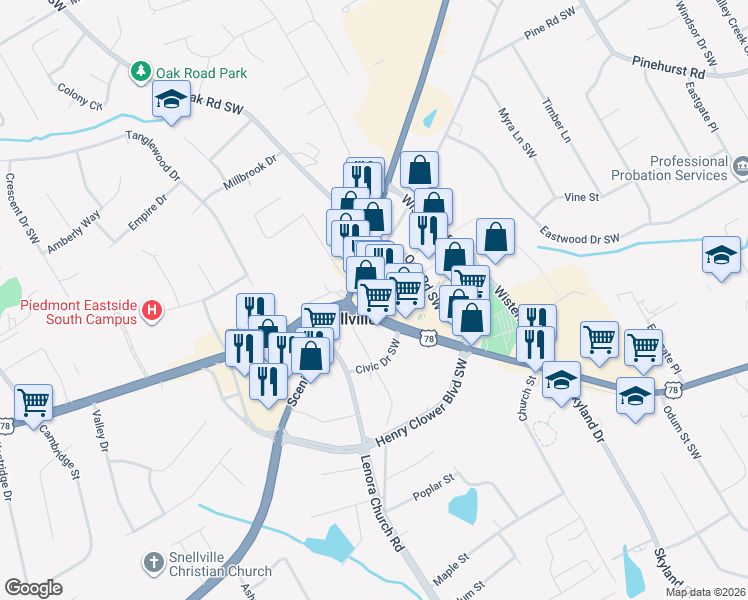 map of restaurants, bars, coffee shops, grocery stores, and more near 1924 Snellville Plaza in Snellville