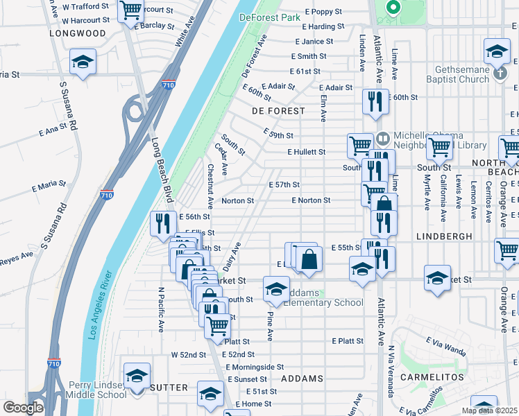 map of restaurants, bars, coffee shops, grocery stores, and more near 5624 Dairy Avenue in Long Beach