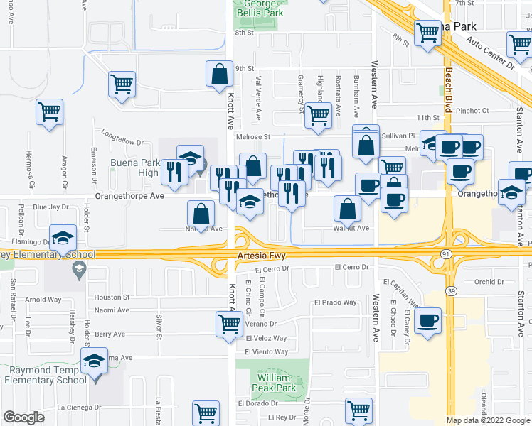 map of restaurants, bars, coffee shops, grocery stores, and more near 7122 Orangethorpe Avenue in Buena Park