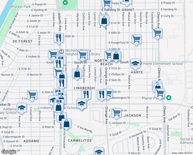 map of restaurants, bars, coffee shops, grocery stores, and more near 5598 Lemon Avenue in Long Beach