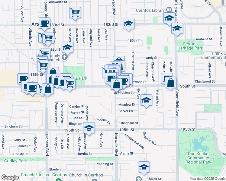 map of restaurants, bars, coffee shops, grocery stores, and more near 19015 Norwalk Boulevard in Artesia