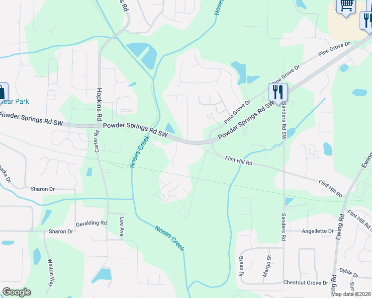 map of restaurants, bars, coffee shops, grocery stores, and more near 3279 Powder Springs Road Southwest in Powder Springs